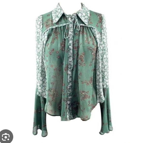 Free People Serena Floral Button Up Blouse Shirt Top Emerald Combo L Boho Hippie - Picture 2 of 8